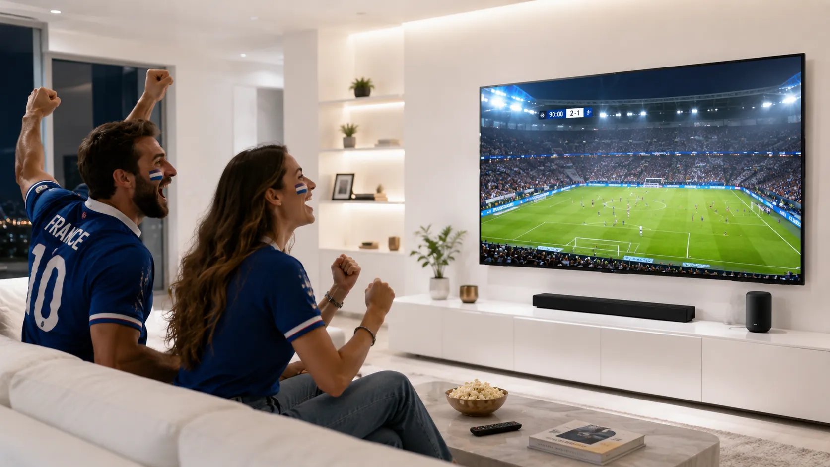 4K UHD television displaying live NFL game in ultra high definition with vibrant green field and crystal clear player detail via IPTV